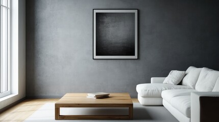 A realistic photo of a minimalist living room showcasing a wooden square coffee table beside a sleek white sofa. The grey wall with an art poster brings modern elegance to the space. Photographed in