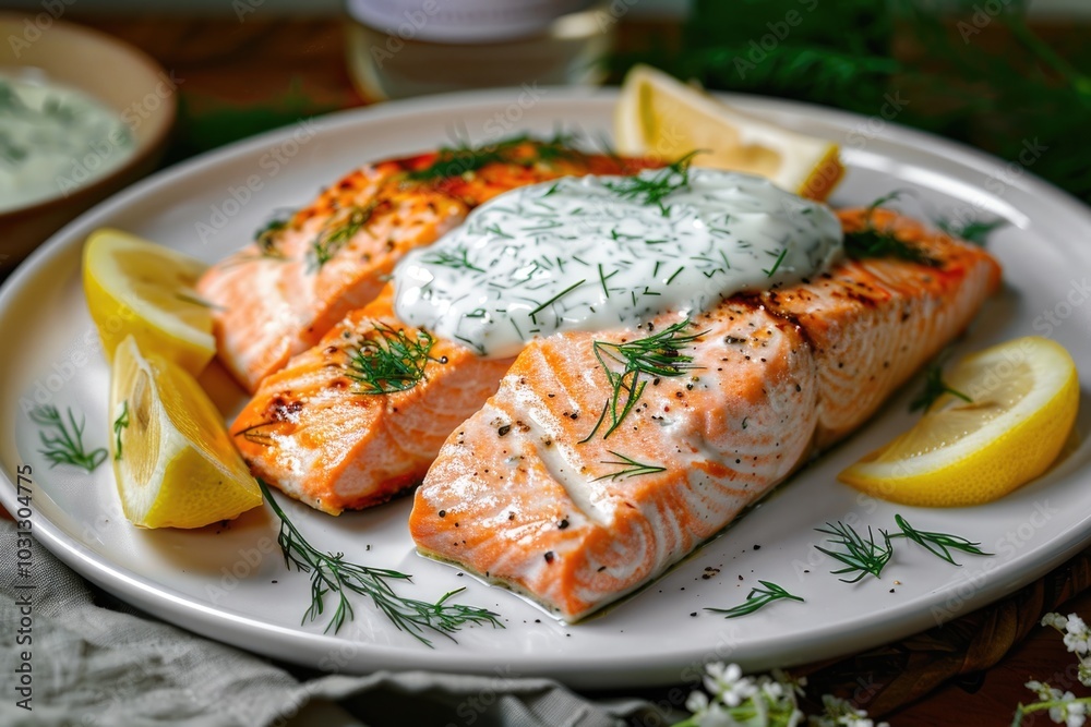 Wall mural salmon fillet with creamy dill sauce and lemon wedges