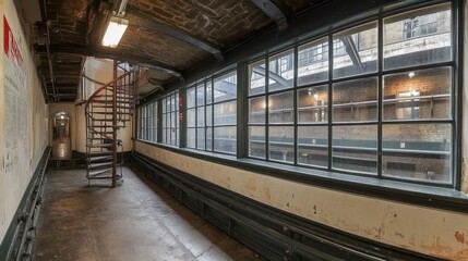 Interior corridor with large windows and a spiral staircase.