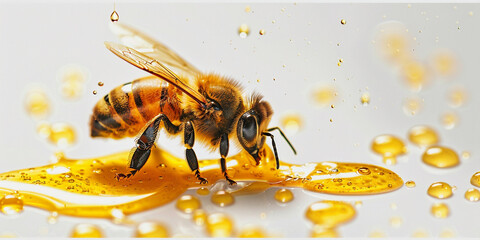 a bee drinking honey from a liquid, Busy Bee Drinking Sweet Honey from a Liquid Pool, 