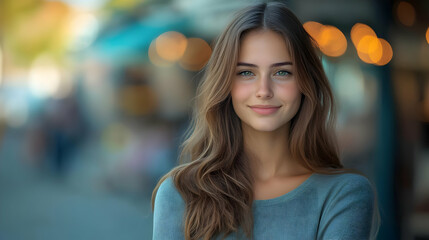 A smiling young woman stands outdoors with a blurred background.
