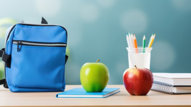 A blue lunch bag beside apples, water, and books forms a wholesome scene of workday nourishment and productivity.