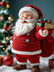 cute santa claus in christmas suit, carries a plush red velvet sack filled with Christmas gifts