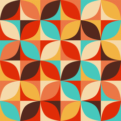 Obraz premium Bold colors retro circles mosaic midcentury style Vector Pattern. Op-art circle segments checkerboard in pop-art colors: blue, teal, red, yellow, brown, cream.