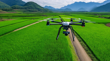 A bird&rsquo;s-eye view of a smart rice farm using precision agriculture with drones flying overhead