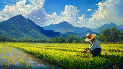 Fototapeta premium A traditional Thai farmer in a wide-brimmed hat working in a vibrant green rice field, with mountains and blue sky in the background