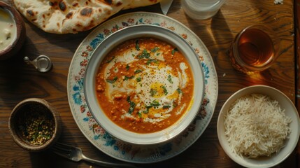 Delicious Indian Cuisine with Rice and Bread