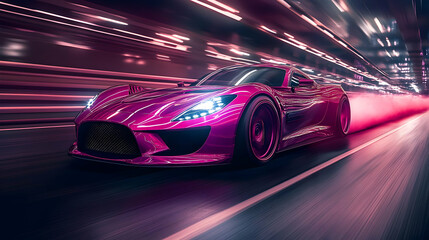 Naklejka premium Futuristic sports car speeding through a vibrant tunnel.