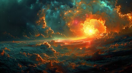 Cosmic Sunset: A Dreamy Landscape of Clouds and Stars