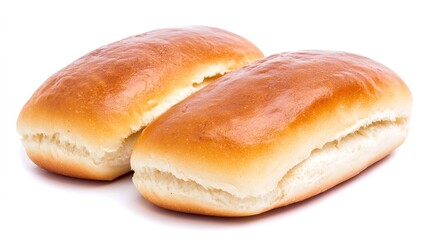 Two Fresh French Buns Isolated on a White Background. Golden-Brown Crust with a Soft, Fluffy Interior, Highlighting the Classic and Simple Elegance of French Bakery. Perfect for Breakfast