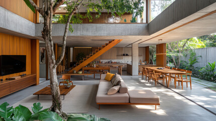 A living room with an open plan concrete floor interior design