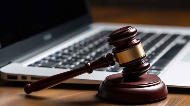A judge's gavel rests on a laptop, symbolizing technology's role in legal matters and digital fraud.