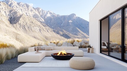 An upscale outdoor terrace of a mountain resort, elegantly furnished with plush seating and a fire pit, set against a breathtaking backdrop of rocky peaks and rolling hills. The scene captures the