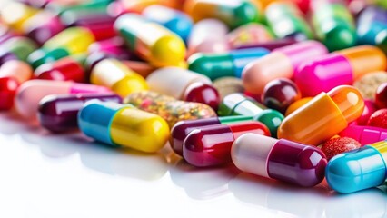 Closeup of Colorful Pills on White Background with Copy Space for Health and Wellness Concepts