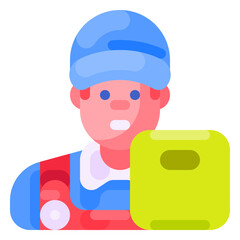 Illustration of a man with a blue hat and a yellow bag.