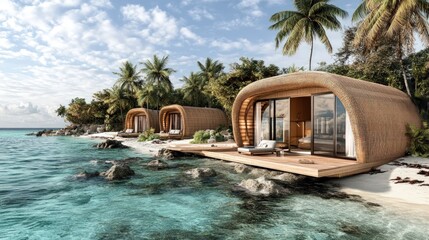 Three modern, sustainable, and luxurious eco-friendly vacation homes on a tropical island beach.