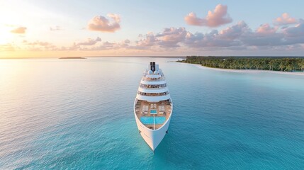 A majestic cruise ship gliding through crystal-clear waters, with a vibrant sunset casting warm hues across the sky. The luxurious deck is visible, showcasing comfortable loungers and inviting pools,