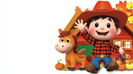 Fototapeta premium Joyful 3D Illustration of a Young Cowboy and Horse
