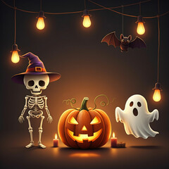 해골, 호박, 유령, 박쥐가 함께 있는 할로윈 축제 배경