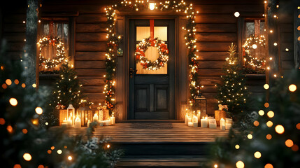 Fototapeta premium Cozy holiday entrance adorned with wreaths and festive lights.