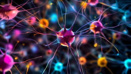 Abstract illustration of colorful neurons, the basic units of the nervous system, connected by axons and dendrites, representing neural networks and brain activity.