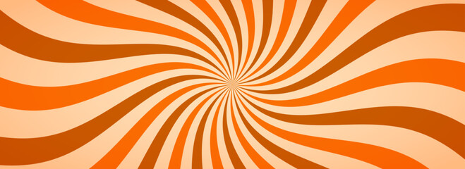 Obraz premium Caramel colored sunburst background. Salted caramel ice cream sunbeam pattern. Orange nougat dessert wallpaper for template, banner, poster, flyer. Rotating cartoon candy rays and beams. Vector