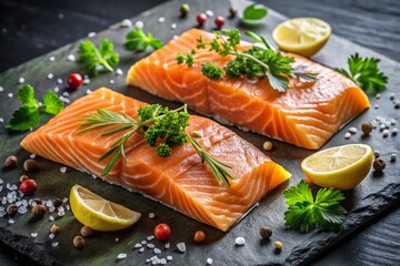 Closeup of Fresh Salmon Fillets with Lemon and Herbs on Black Stone Surface for Culinary Photography