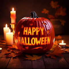 Happy Halloween 호박 랜턴, 양초와 낙엽이 할로윈 분위기를 더해줍니다.