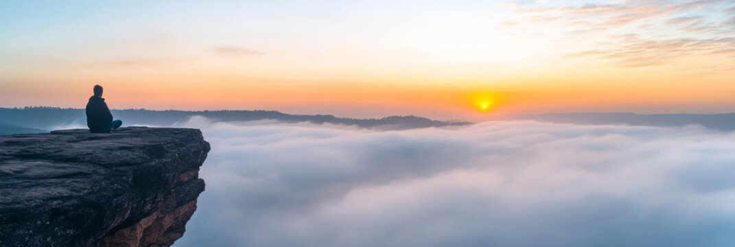 Man sitting on a clifftop, watching the sunrise over a sea of clouds.