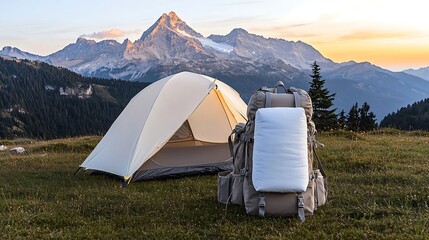 A scenic view of a hiker setting up their tent in front of a stunning mountain range at sunrise, showcasing the beauty of nature and the spirit of adventure. The foreground features a well-packed