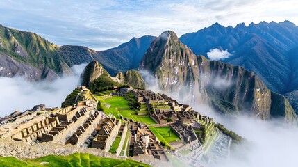 Aerial view of Machu Picchu enveloped in mist, with the Andes Mountains serving as a dramatic backdrop. The lush greenery contrasting with the ancient stone structures offers a sense of mystery and