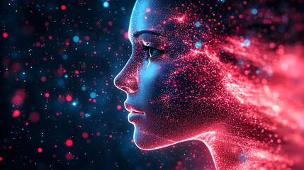 A digital portrait of a woman's profile with glowing particles.