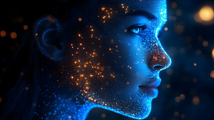 A profile of a woman illuminated by glowing particles.