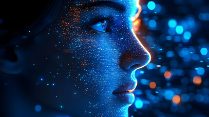 A digital portrait of a woman with glowing blue and orange effects.