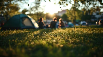 A group of young people sitting on the grass near a camping tent in a landscape with a blurred background with sunlight shining on their area feeling freedom