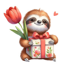 Cute sloth with national flower clipart watercolor 