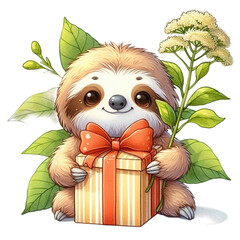 Cute sloth with national flower clipart watercolor 