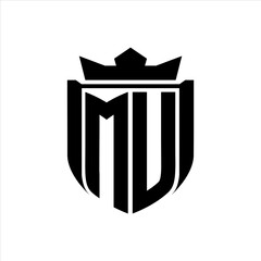 MU Logo with shield shape inside shield badge crown on white background template design