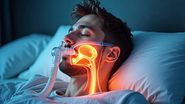 Person suffering from sleep apnea, with a cutaway showing the airway obstruction during sleep.
