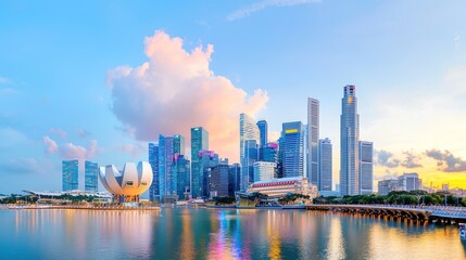 Fototapeta premium A panoramic view of a city skyline at sunset, showcasing tall skyscrapers illuminated by warm golden light. The foreground features a river reflecting the vibrant colors of the sky, while the