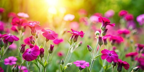 Obraz premium A field of magenta flowers basking in the warm glow of the setting sun, petals unfurling in a symphony of natural beauty