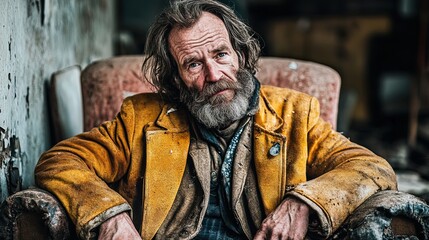 Obraz premium a Homeless Man Surrounded by the Ruins of His Destroyed Home, Capturing the Emotional Impact of Disaster Aftermath