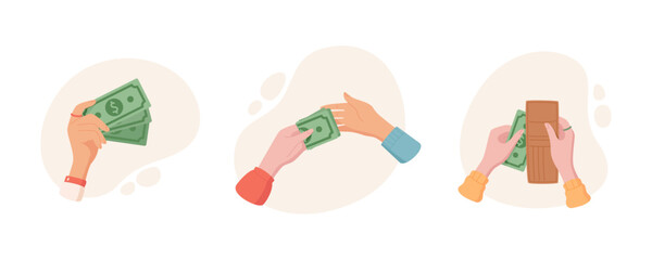 Hand hold money and wallet in cartoon set. Cash, banknote, and payment concept, isolated exchange visuals. Perfect for illustrating financial themes economy related designs.