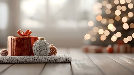 A close-up of a knitted gift box and ornament on a textured surface, surrounded by festive bokeh lights. Nursery Christmas Decor Concept