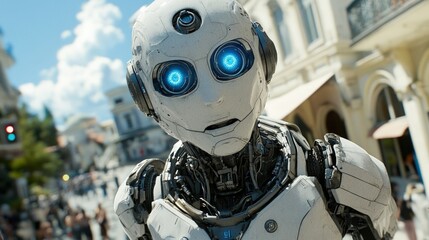 Fototapeta premium A white humanoid robot with blue glowing eyes stands in a city street looking directly at the camera.