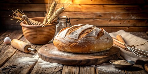 Golden-crusted loaf resting on a rustic wooden board, surrounded by flour and traditional baking tools, a testament to the craft of bread making.