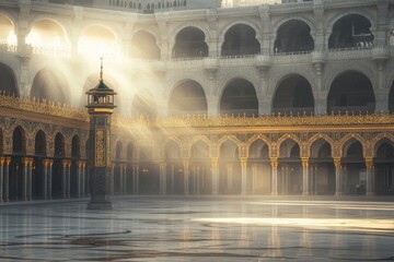 Naklejka premium Sunlight illuminates the arches and golden details of an ornate courtyard