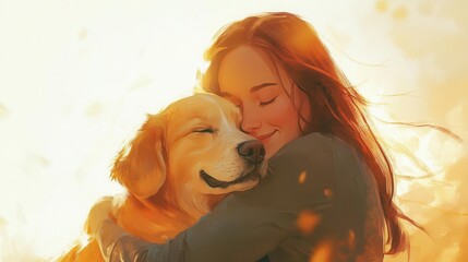 a delightful scene of a woman and her dog embracing in a warm hug, radiating happiness and love, set against a soft, inviting background that conveys the joy of companionship