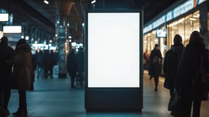 a large blank mockup of a showcase billboard illuminated at a bustling train station, ready for advertising messages, representing commercial and marketing concepts in an urban setting