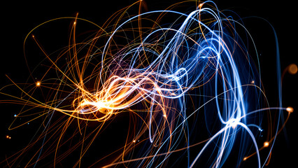 Abstract Light Trails Dance: Blue and Orange Energy Swirl. A mesmerizing long-exposure photograph captures the dynamic interplay of light.
